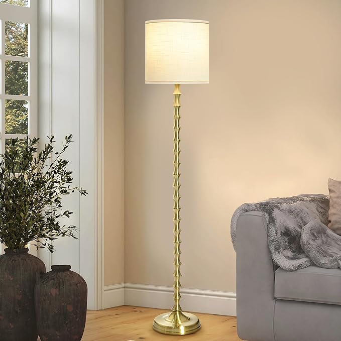 EUO 64.5'' Gold Floor Lamp, Modern Mid-Century Tall Standing Lamp with White Linen Lampshade, Decorative Lighting for Living Room, Bedroom, Office, Dining Room, Corner