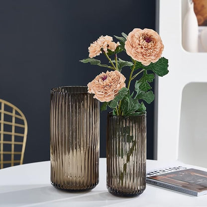 TIMEFOTO Flower Vase 10 inch Amber Thickened Hand Blow Glass Vase Round Vintage Striped Bottles for Bookshelf,Dinner Table,Indoor Office Desktop,Meeting Room,Bathroom,Home