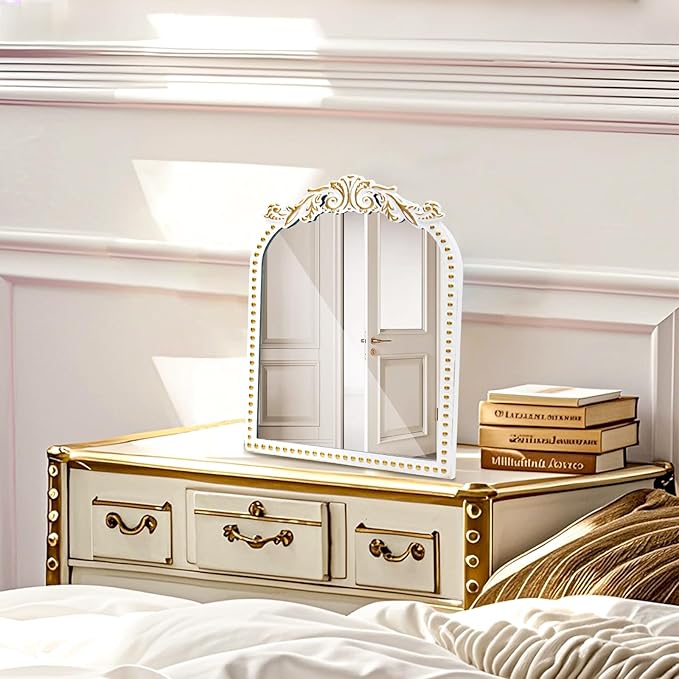Vintage Makeup Mirror Antique Arched Vanity Tabletop Mirrors for Dresser,Baroque Decor Ornate Standing Mirror for Living Room,Desktop,Bedroom 12.1" x 9.8"