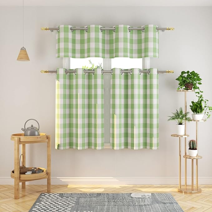 3 Pc Cotton Classic Country Farmhouse Kitchen Window Curtain Grommet Top -Mint Green & White Buffalo Check Tier & Valance Set, 54" x 18" / 32" x 36"