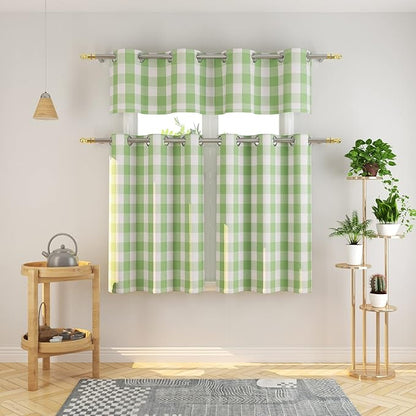 3 Pc Cotton Classic Country Farmhouse Kitchen Window Curtain Grommet Top -Mint Green & White Buffalo Check Tier & Valance Set, 54" x 18" / 32" x 30"