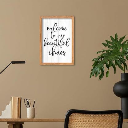 AuraPeak Welcome To Our Beautiful Chaos Sign Home Living Room Wall Decor Modern Family Rustic Farmhouse House Entryway Bedroom Hanging Horizontal Plaque Wall Art (Wood 16"×11")