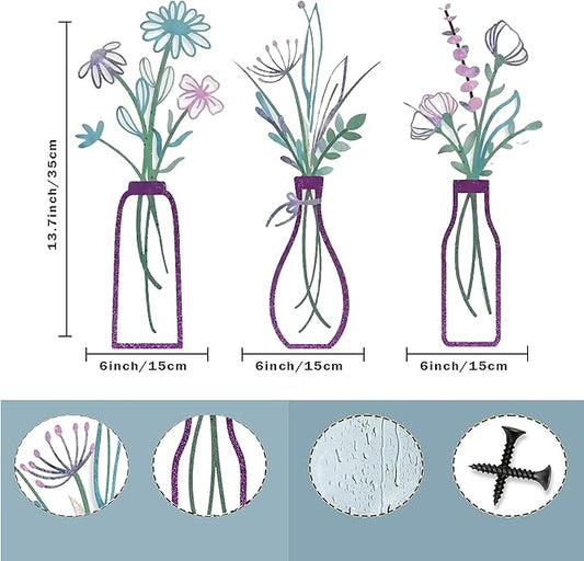 Nonforgetta 3 Pieces Metal Flowers Wall Arts - Rustic Farmhouse Decor Minimalist Flower Wall Decors for Living room Bathroom Bedroom Dining Room-Housewarming Gifts