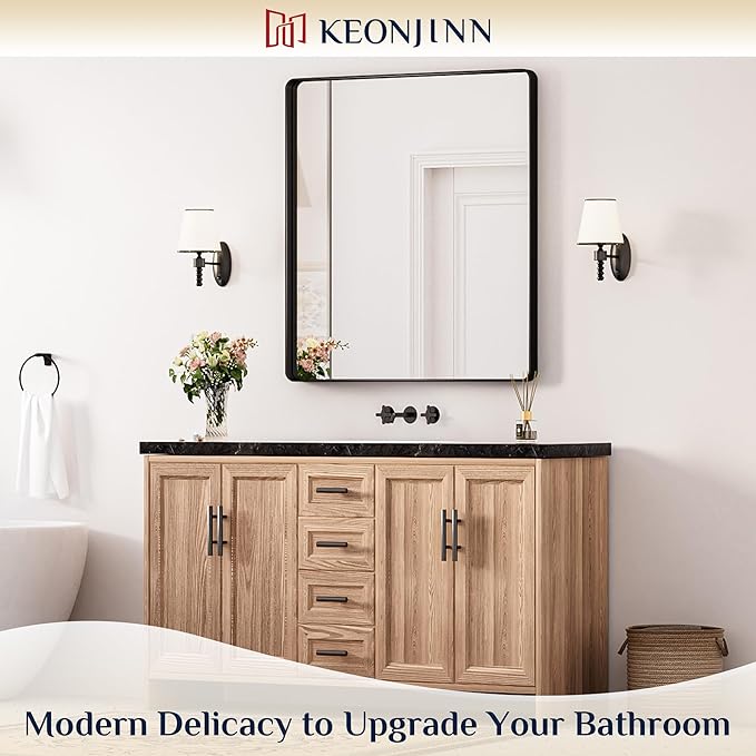 Keonjinn Black Bathroom Mirror for Over Sink, 32 x 36 Inch Rounded Rectangle Bathroom Vanity Mirror, Matte Black Sandblasted Finish, HD Tempered Glass, Wall Mirrors with Seamless Aluminum Alloy Frame
