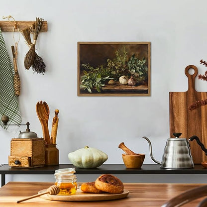 Framed Vintage Kitchen Wall Art, Rustic Garlic and Herbs Pictures Wall Decor Paintings, Farmhouse Cottagecore Canvas Prints Artwork for Home Dining Room Living Room 16x24 inch