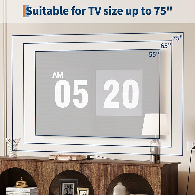 63" Arched TV Stand with Power Outlets, Console Table with Charging Station for Entryway Living Room, 3-Tier Modern Entertainment Center for 65 70 Inch TV, Media Console with Open Shelves, Brown
