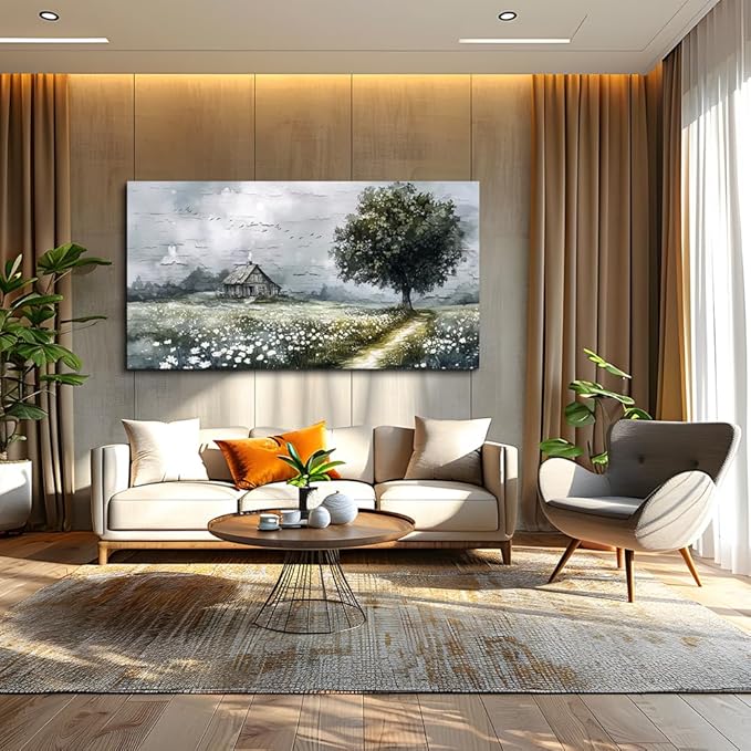 ERQINHUA Gray Canvas Wall Art For Living Room Farmhouse Wall Decor For Bedroom Office Decorations Field scenery Paintings Tree Landscape Wall Pictures Artwork Ready to Hang for Home Decor 20"X40"