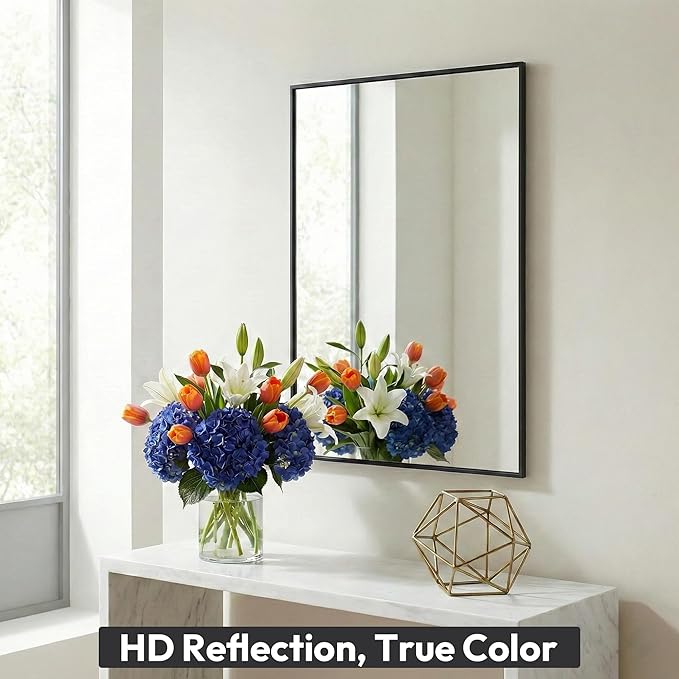 24" x36" Matte Black Wall Mirror for Bathroom, 36" x 24" Metal Framed Vanity Mirror, Modern Minimalist Rectangular Decor for Entryway, Vertical/Horizontal Hang