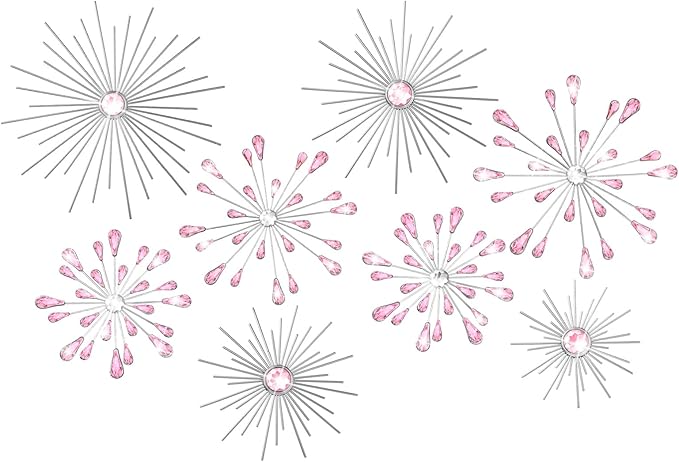 Blulu 8 Pcs Pink Metal Wall Art Cast Iron Starburst Wall Decor Bling Crystal Sculptures Living Room 3D Teardrop Radial Rhinestone Hanging Diamond Accents for Home Office Bedroom Entryway