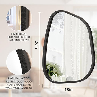 Irregular Bathroom Mirror Modern Oval Wall Mirror Asymmetrical Wooden Framed Wall Mirror Unique Shape Wall Mounted Vanity Artistic Mirror Decor for Living Room Bedroom Entryway Large 26"x18"