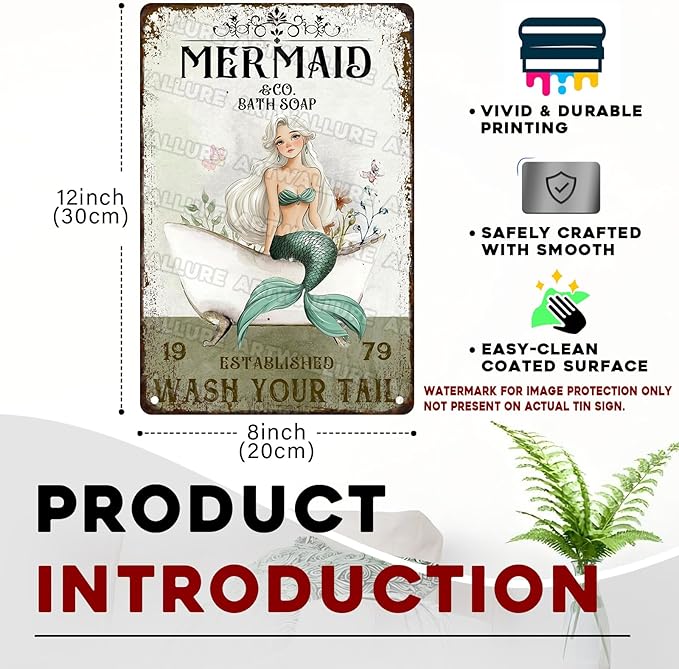 Mermaid Bathroom Tin Sign “Wash Your Tail” - Funny Metal Wall Art, Vintage 8x12 Inch Decor for Seaside, Beach House & Shower Bathroom Toilet Hotel