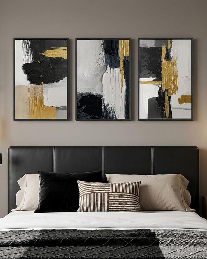 Extra Large Abstract Hand Applied Raised Paint Texture Canvas Wall Art Set of 3, Black White Gold Triptych Artwork Solid Wood Frame 24x36", Modern Oversized Luxury Living Room Office Bedroom Decor