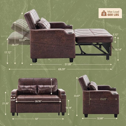 VINGLI Rustic Futon Sofa Bed Convertible Loveseat Sleeper Sofa Couch, Pullout Sofa Fold Out Couch Bed with USB Ports, Cup Holders, Armrest for Living Room, Bedroom Apartment Room | Loveseat Sleeper