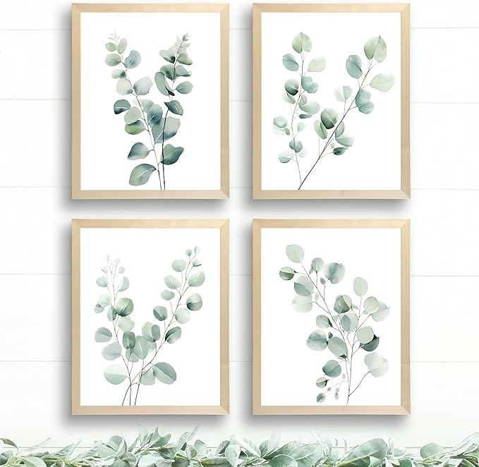 Eucalyptus Leaves Watercolor Art Prints (Set of 4) - 8x10 (Unframed) | Boho Botanical Wall Decor | Minimalist Floral Artwork for your Home, WFH Office, Kitchen, Dining Room, Bedroom, and Bathroom