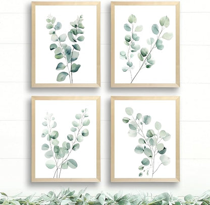 Eucalyptus Leaves Watercolor Art Prints (Set of 4) - 11x14 - (Unframed) | Boho Botanical Wall Decor | Minimalist Floral Artwork for your Home, WFH Office, Kitchen, Dining Room, Bedroom, and Bathroom