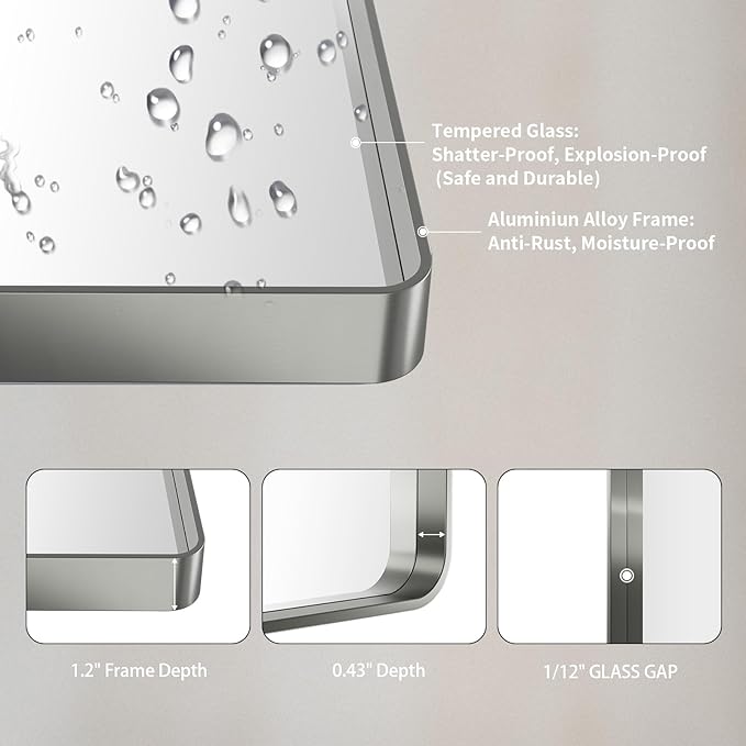 LOAAO 72X40 Inch Brushed Nickel Bathroom Mirror, Rounded Rectangle Silver Metal Frame Mirror, Brushed Nickel, Anti-Rust, Hangs Horizontally or Vertically