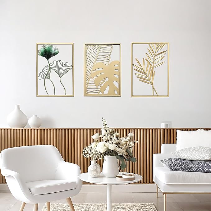 SwallowLiving Gold Wall Decor, 3 Pieces Metal Wall Art for Living Rooom, Luxurious Modern Sculptures Home Decor, Hanging Pictures for Bedroom, Office, NOT PRINTED Canvas Art (12" x 17", Set of 3)