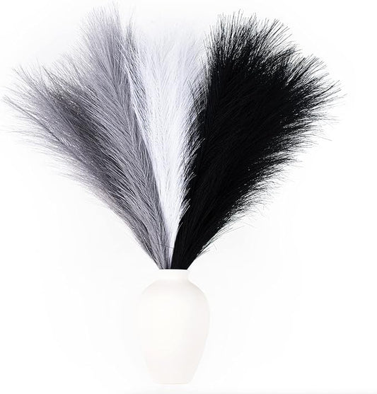 Faux Pampas Grass Decor, 18"/45cm Artificial Pampas Grass Fluffy 6 Stem pompous Flower Arrangement for Boho Home Wedding Decoration (Black,White,Grey)