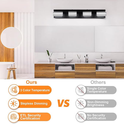 GOODATE 3 Color Temperature Dimmable Bathroom Light Fixtures Over Mirror, LED Black 4 Light Vanity Lighting Fixtures, Acrylic Stainless Steel Square Shade Vanity Lights for Bathroom, ETL Certificated