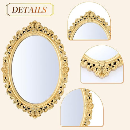 Beeveer 2 Style Vintage Mirrors Set Decorative Oval Wall Mirror Small Antique Mirrored Tray Decorative Hanging Mirror for Bathroom Bedroom Jewelry Organizer Victorian Decor (Square,Gold)