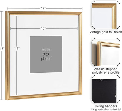 Kate and Laurel Adlynn Square Picture Frame Set of 3; 16 x 16 matted to 8 x 8; Gold; Modern Three-Piece Frame Set for Gallery Wall Frame Set in Living Room Wall Decor