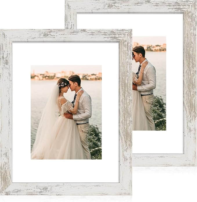 iRahmen 9x12 Picture Frame with Mat 6x8 - High Definition Tempered Glass Wooden Photo Frames for Tabletop Display and Wall Mounting (Distressed-White, Set of 2)