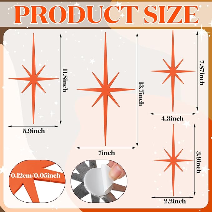 Blulu 4 Pcs Cast Iron Starburst Shaped Wall Decor Metal Mid Century Modern Decor Retro Atomic Stars Wall Art Elegance Accents Vintage Celestial Whimsigoth Hangings for Home Office Room(Orange)