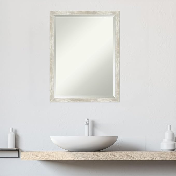 Amanti Art Silver Bathroom Mirror for Over Sink, 26x20 Crackled Metallic Narrow Rectangle Vanity Mirror, Medium Casual Frame, Hangs Horizonally and Vertically, Bathroom Wall Decor, Beveled Edge