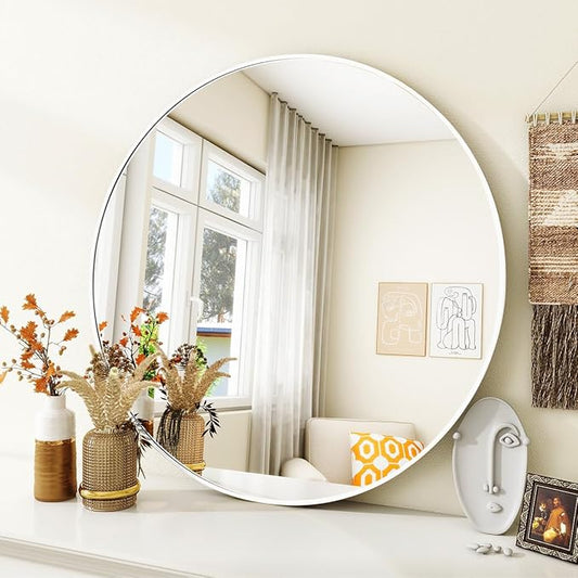 VooBang White Round Bathroom Mirror, 24 inch Circle Wall Mounted Hanging Mirror with Simple Modern Circular Metal Frame for Hallway, Entryway, Living Room, White Frame