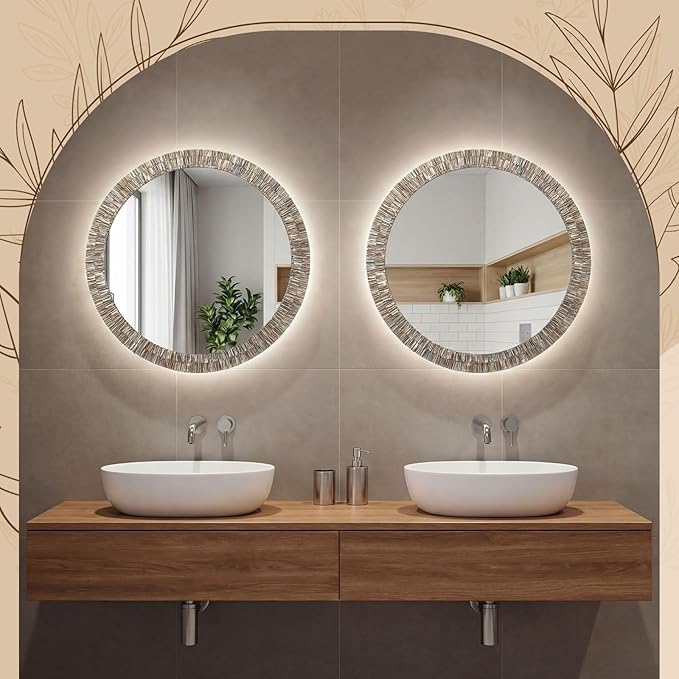 Sintuff Large 24 Inch Round Capiz Shell Mirror, Coastal Seashell Wall Mirror for Beach House Handcrafted Capiz Seashell Sunray Wall Decor for Living Room, Bedroom Vanity