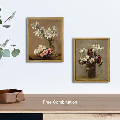 Pyradecor Vintage Retro Framed Wall Art Home Decor Roses and Lilies Canvas Prints Classical Floral Painting Vintage Wall Decor for Laundry Room Farm House Decor