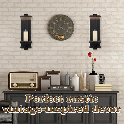 Alphatool Farmhouse Wall Decor Candle Sconces - 2 Pcs Vintage Rustic Handmade Wooden Wall-Mount Candle Holders for Bedroom Livingroom Home Hanging Art Decorations Accessories Gifts, Black