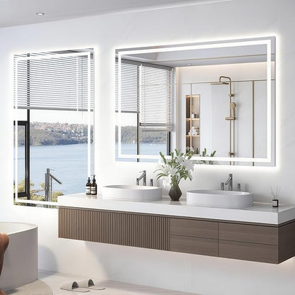 Snowdool 48"X40" LED Bathroom Mirror with Front Lights and Backlit, Anti-Fog, Dimmable, Shatter-Proof Tempered Glass, Lighted Bathroom Vanity Mirror for Wall with 3 Colors, Memory Function
