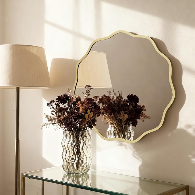 HOMECOOKIN 24" Wavy Round Wall Mirror, Gold Scalloped Circle Mirror Edge Round with Metal Frame, Modern Decorative Hanging/Leaning Mirrors for Bathroom, Hotels, Hallway, Entryway, Vanity, Office