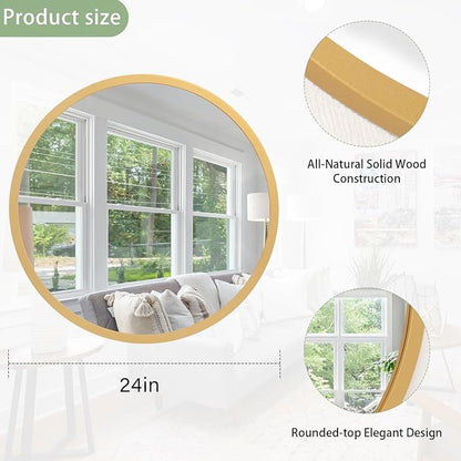 JJUUYOU Wall Mirror 24 Inch Round Wall Mirror for Bathroom Antique Circular Mirrors Washroom Wall Decor Wood Frame Mirrors for Living Room Bedroom Dorm Decorative