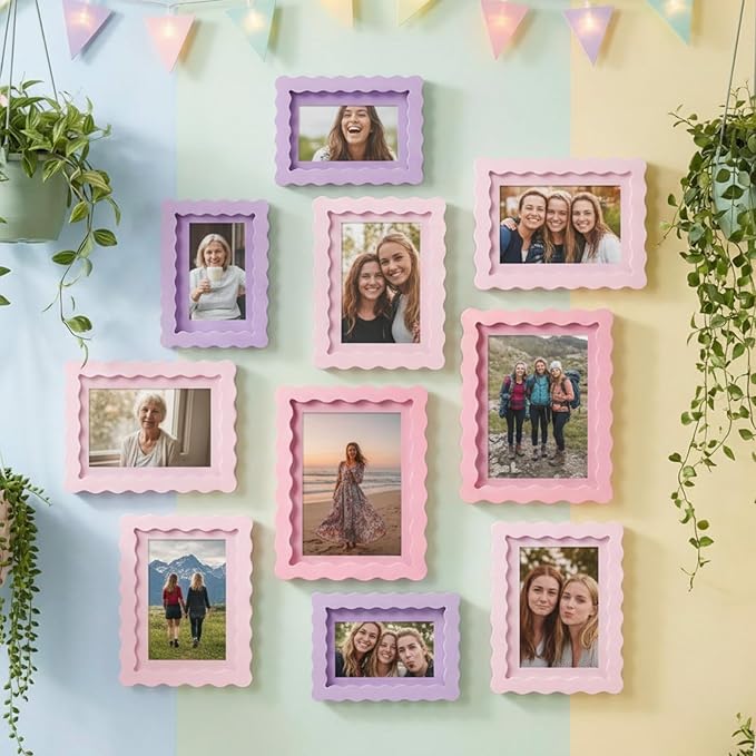 Wonderjune 10 Pack Colorful Scalloped Picture Frames for Girl Room Decor, 3 Sizes 4x6 5x7 6x8, Collage Gallery Wall Frame Set, Cute Curved Picture Frames for Wall or Desktop Display, Photo Walls