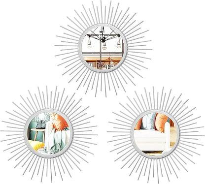 3 Set Sunburst Mirrors for Wall Decor Living Room Bedroom Bathroom Dining Room Metal Boho Sunburst Wall Mirror Set Gold Metal Vintage Circle Art Pack - Silver 11.8 in