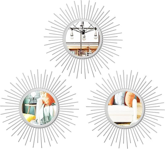 3 Set Sunburst Mirrors for Wall Decor Living Room Bedroom Bathroom Dining Room Metal Boho Sunburst Wall Mirror Set Gold Metal Vintage Circle Art Pack - Silver 11.8 in