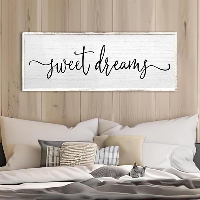 Sweet Dreams Wall Decor Above Bed Sign 24''×10'' Large Wood Framed Master Bedroom Guest Room Sweet Dreams Signs Farmhouse Rustic Wall Art Decoration (White)