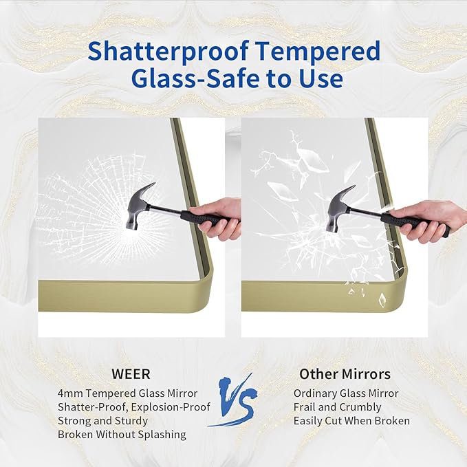 WEER Gold Bathroom Mirror, 20X30 Inch Brushed Gold Metal Frame Mirror, Rounded Rectangle Gold Bathroom Vanity Mirror for Wall, Tempered Glass, Anti-Rust, Hangs Horizontally or Vertically