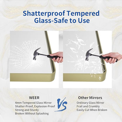 WEER Gold Bathroom Mirror, 40X30 Inch Brushed Gold Metal Frame Mirror, Rounded Rectangle Gold Bathroom Vanity Mirror for Wall, Tempered Glass, Anti-Rust, Hangs Horizontally or Vertically