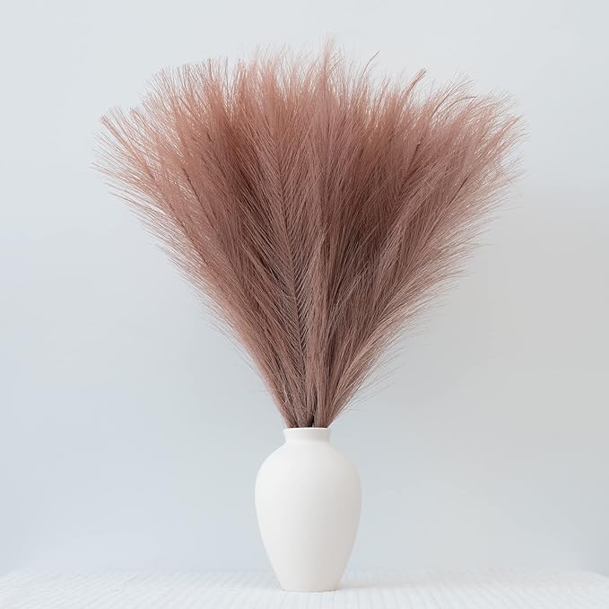 Pampas Grass Decor, Fluffy Faux Pampas Grass 6 Stem 18"/45cm Pompous Grass Small Flower Arrangement and Vase Filler for Boho Home Wedding Decoration (Dusty Pink)