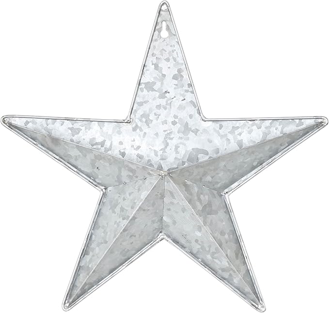 VHC Brands Patriotic Faceted Metal Star Galvanized Wall Hanging w/Pocket 12x12, Independence Day Decor, American Star with display pocket, Distressed Appearance Wall Hanging, Grey