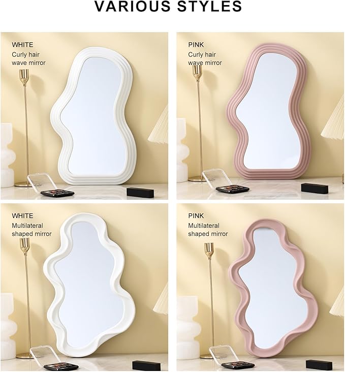 Mokoze Asymmetrical Wall Mirror, Irregular Decorative Accent for Bedroom Entryway Living Room, Pink Aesthetic Vanity Decor for Wall Mounted or Tabletop Display, 16.14" x 9.84"