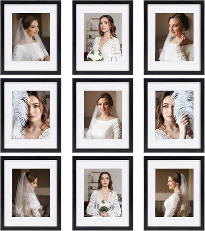 11x14 Picture Frame Set of 9, Display Pictures 8x10 with Mat or 11x14 without Mat, Multi Collage Gallery Square Photo Frames for Wall or Tabletop, Black
