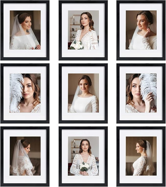 11x14 Picture Frame Set of 9, Display Pictures 8x10 with Mat or 11x14 without Mat, Multi Collage Gallery Square Photo Frames for Wall or Tabletop, Black
