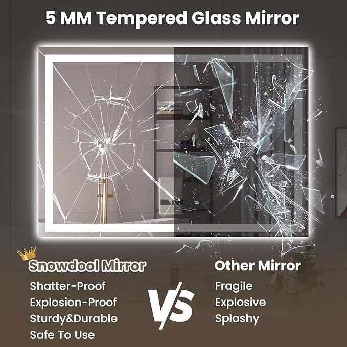 Snowdool 32"X32" LED Bathroom Mirror with Front Lights and Backlit, Anti-Fog, Dimmable, Shatter-Proof Tempered Glass, Lighted Bathroom Vanity Mirror for Wall with 3 Colors, Memory Function