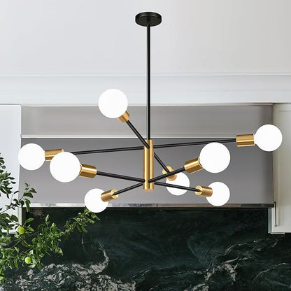 10.9"-52.3" Height Adjustable Sputnik Chandeliers Dining Room Light Fixture (8-Light, 30-Inch), Modern Brushed Gold and Black Chandelier, Mid Century Modern Chandeliers for Dining Room Living Room