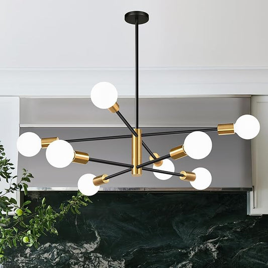 10.9"-52.3" Height Adjustable Sputnik Chandeliers Dining Room Light Fixture (8-Light, 30-Inch), Modern Brushed Gold and Black Chandelier, Mid Century Modern Chandeliers for Dining Room Living Room