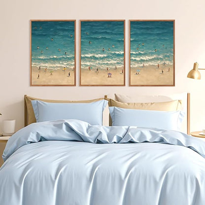 HLNIUC Summer Beach Framed Canvas Wall Art,Large Coastal Sea Wave Wall Decor,Blue Ocean Swimming Artwork Set of 3(24x36),Watercolor Seaside Holiday Art Prints for Living Room, Bedroom,Office